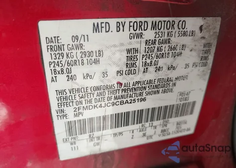 2012 Ford Edge Sel из США, поврежденный, VIN 2FMDK4JC0CEA25196